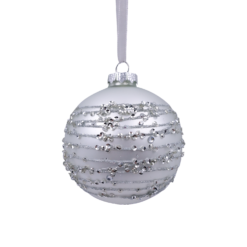 Silver Lines Beaded Stripe Glass Christmas Tree Bauble - 90mm