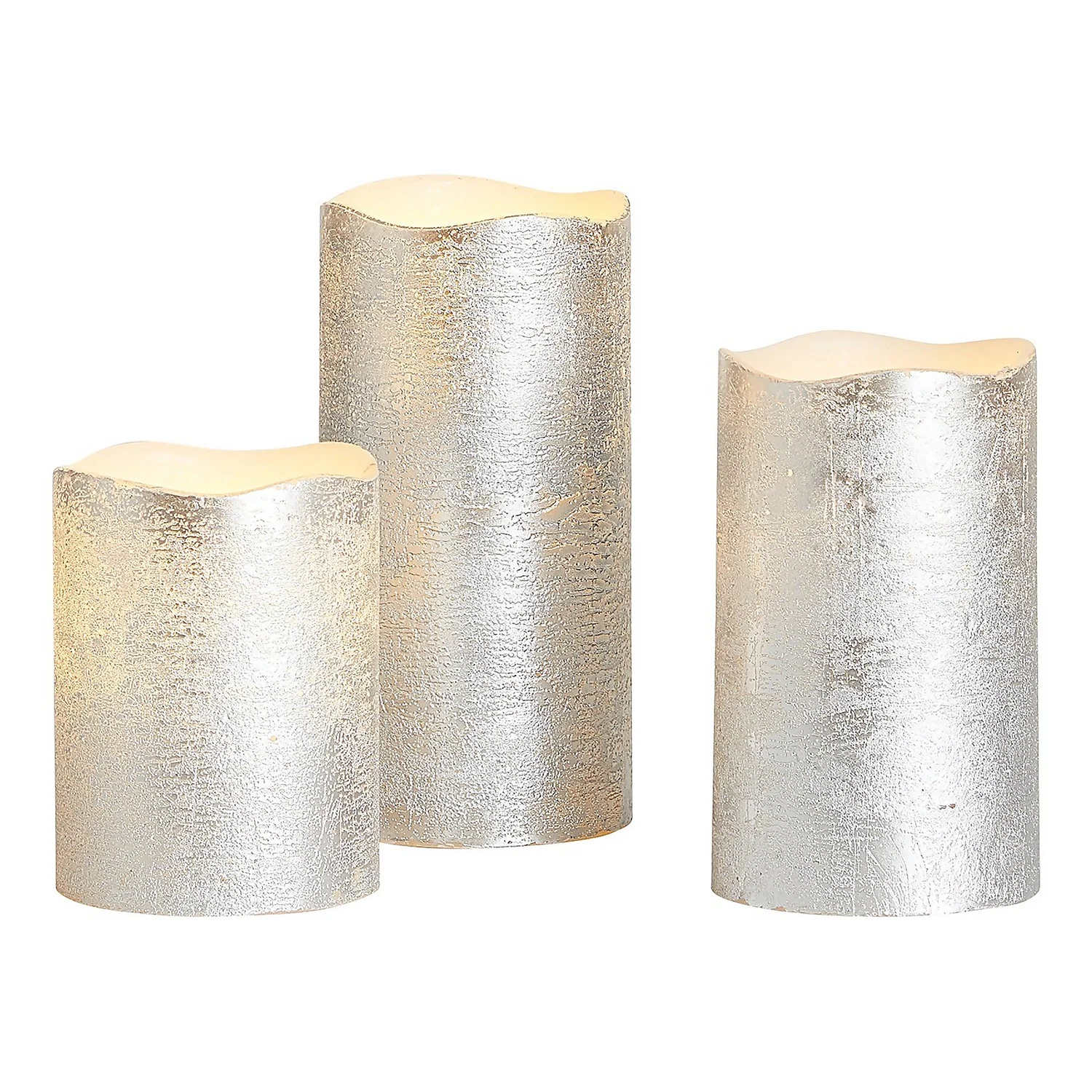3 LED Christmas Pillar Candles - Silver (Battery Operated) 3 3 LED Christmas Pillar Candles - Silver (Battery Operated)