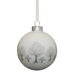 White & Grey Tree Scene Glass Christmas Tree Bauble - 90mm