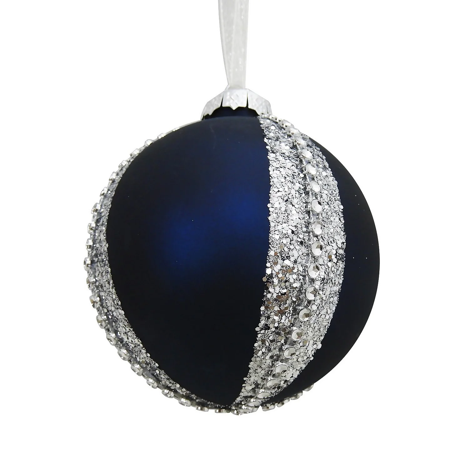Navy Stripe Jewel Glass Christmas Tree Bauble - 90mm 3 Navy Stripe Jewel Glass Christmas Tree Bauble - 90mm