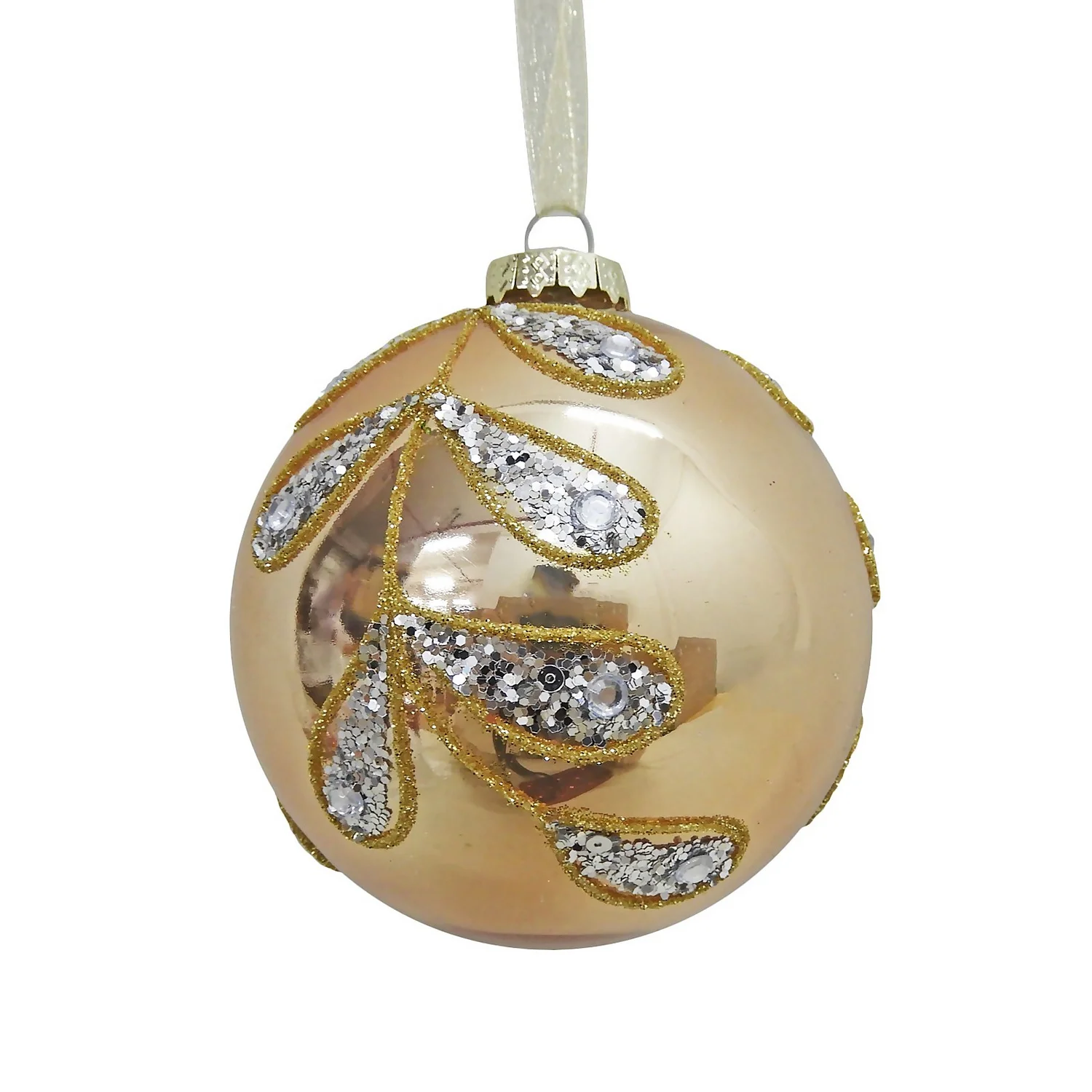 Gold Silver Leaf Glass Christmas Tree Bauble - 90mm 3 Gold Silver Leaf Glass Christmas Tree Bauble - 90mm