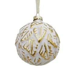 White & Gold Debossed Leaf Glass Christmas Tree Bauble