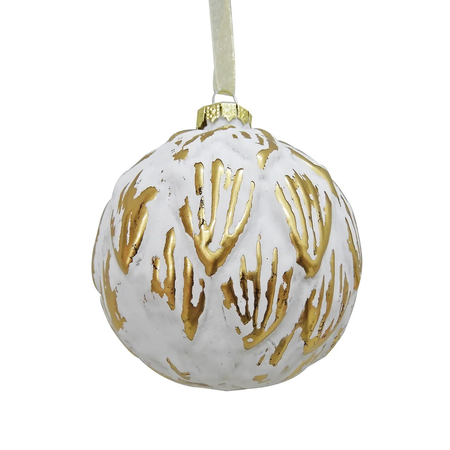 White & Gold Debossed Scalloped Glass Christmas Tree Bauble 3 White & Gold Debossed Scalloped Glass Christmas Tree Bauble
